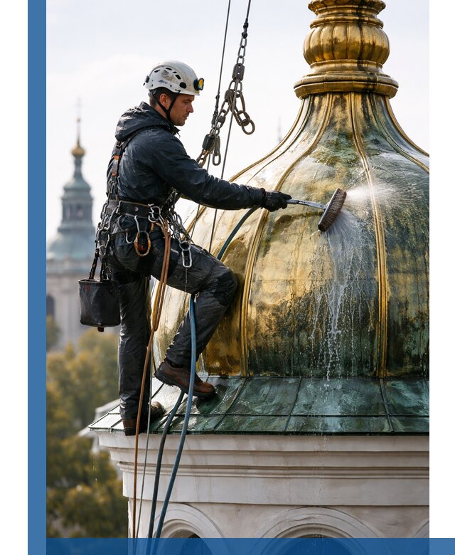 Профессиональная мойка куполов и шпилей высотными альпинистами в Пушкине