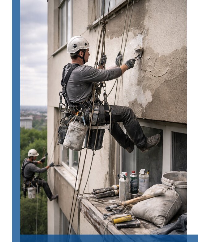 Косметический ремонт фасада зданий в Пушкине промышленными альпинистами