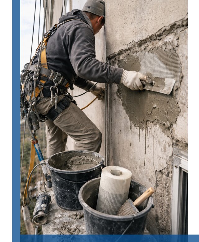 Ремонт бетонных элементов фасада промышленными альпинистами в Пушкине