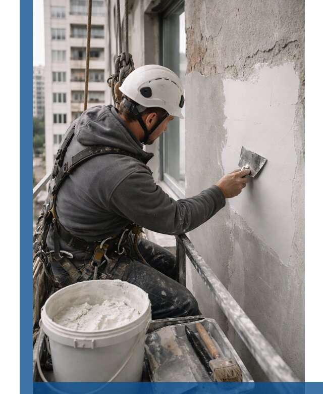 Шпаклевка фасадов на высоте с промальпинистами в Пушкине