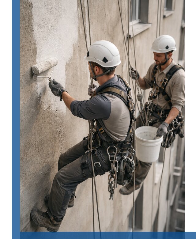 Грунтовка фасада на высоте в Пушкине промышленными альпинистами