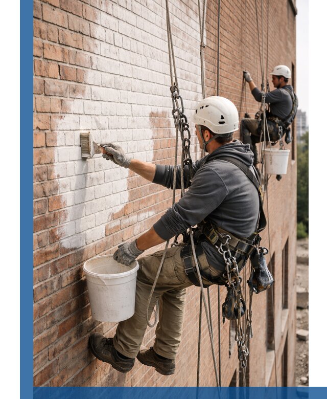 Покраска кирпичного фасада с доступным альпинистским сервисом в Пушкине