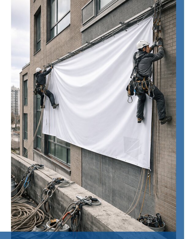 Монтаж баннеров на фасаде в Пушкине от 703 р. заказать ВЫСОТНИК-Пшн