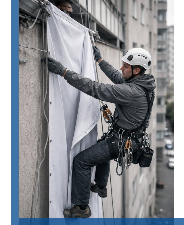 Замена баннерного полотна промышленными альпинистами в Пушкине