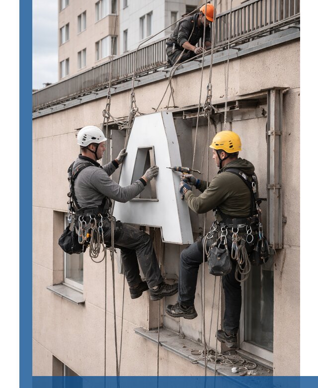 Ремонт и восстановление наружных вывесок на высоте в Пушкине