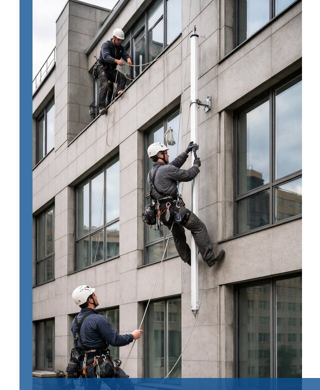 Монтаж флагштока на фасаде здания с креплением и герметикой в Пушкине