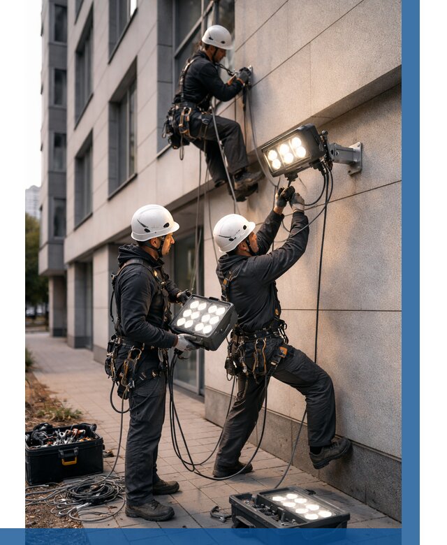 Монтаж прожекторов на фасаде в Пушкине от 8113 р. | ВЫСОТНИК-Пшн