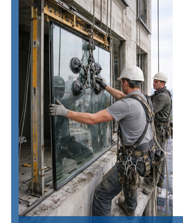 Монтаж стеклопакетов на высоте в Пушкине с промышленным альпинизмом