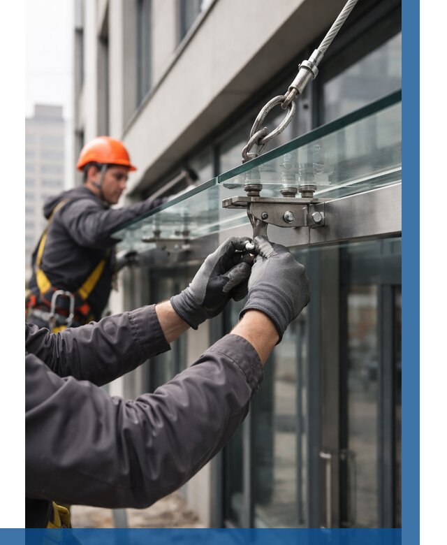 Монтаж стеклянных козырьков в Пушкине от 9194 р. | ВЫСОТНИК-Пшн